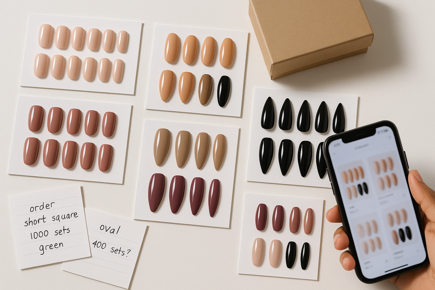 Wholesale assortment of press-on nail sets laid out on product cards with inventory notes and packaging samples for salon and retail buyers.