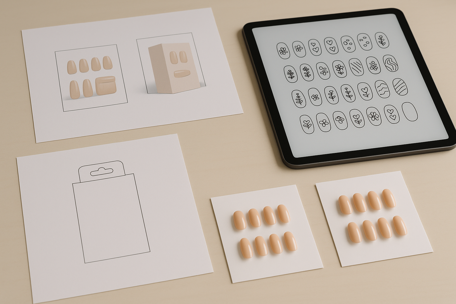 Designer desk with printed press-on nail mockups, vector files on a tablet, packaging dieline, and sample nail sets arranged neatly.