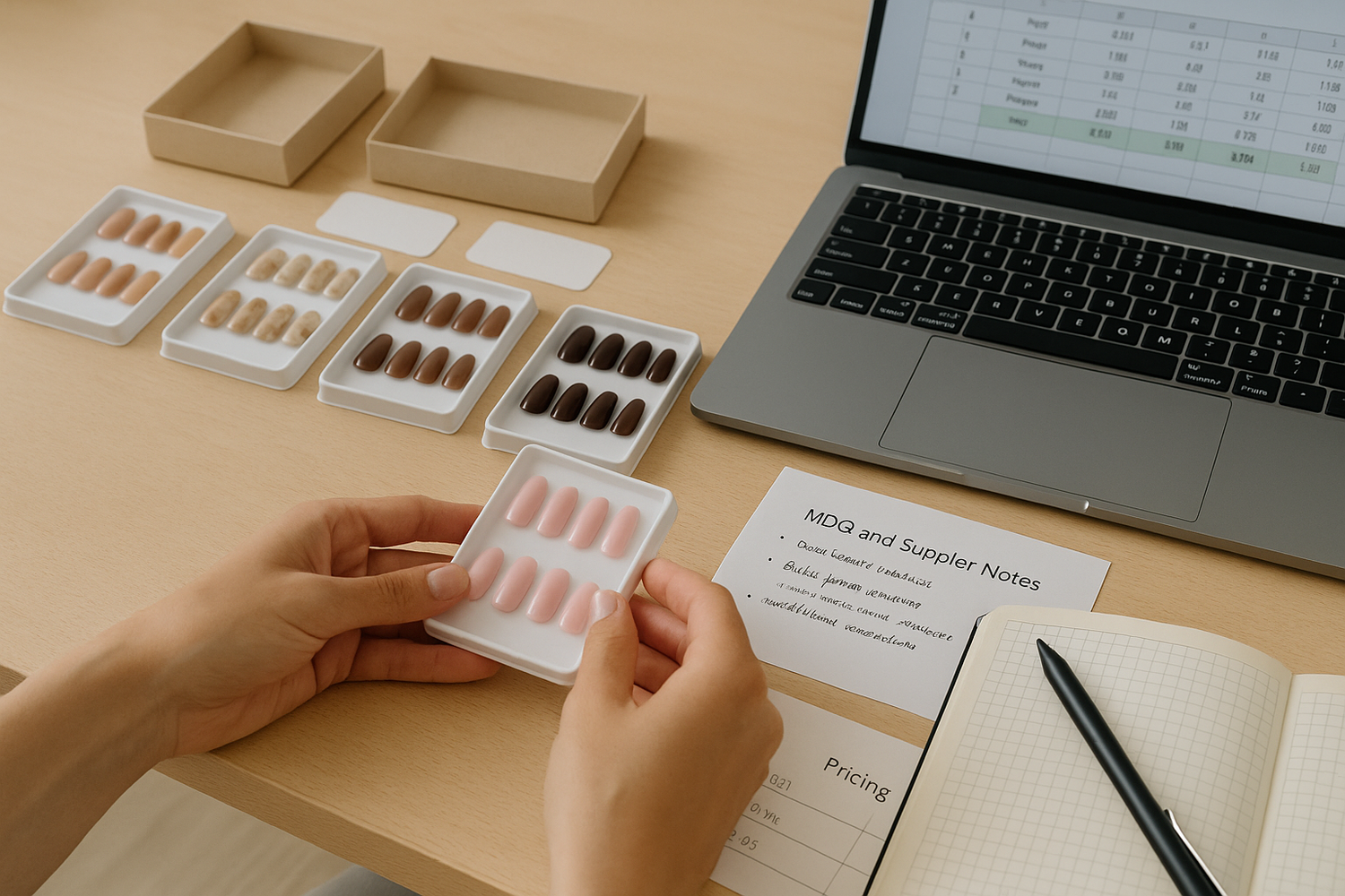 Founder desk with press-on nail sets, sample packaging, sticky notes and pricing spreadsheet showing planning for a press-on nail business launch.