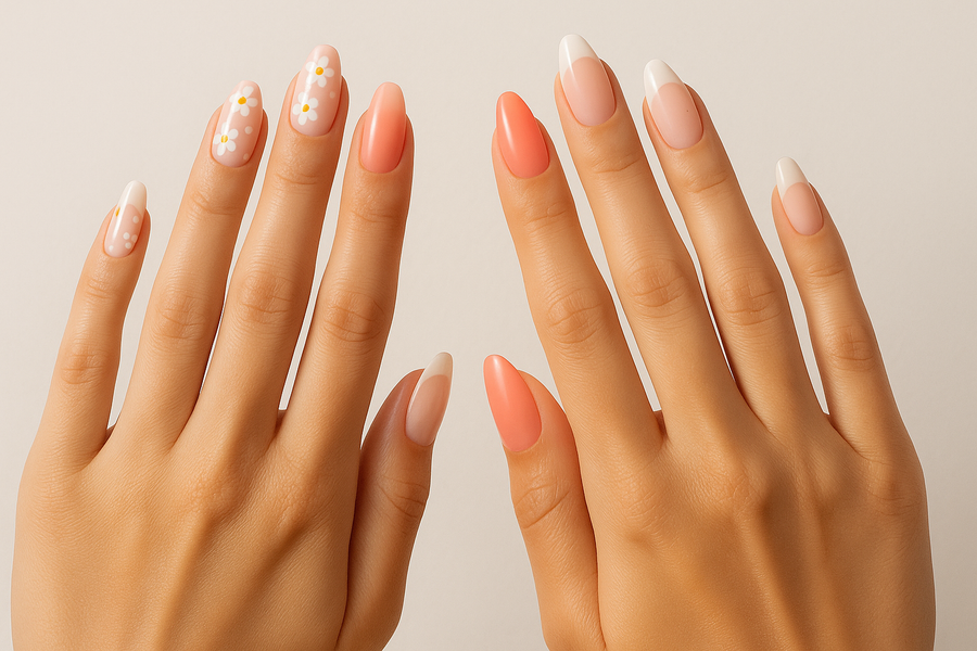 Close-up of manicured hands modeling multiple press-on nail sets on a neutral studio background, hairline soft lighting.