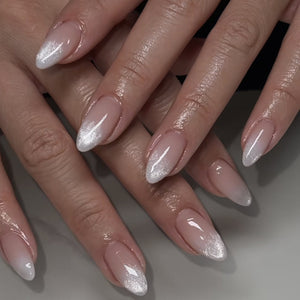 French Cat Eye Ombre Minimalist Almond Medium Press On Nails in pink and white on a clean background, representing a private-label press-on nail product ready for retail packaging and brand launch