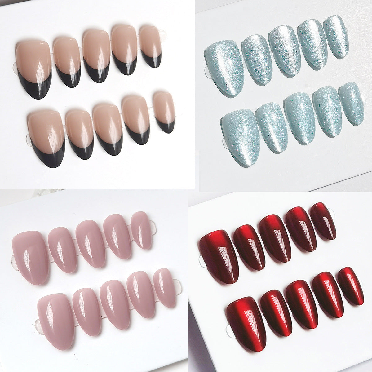 Elegant short almond press‑on nails in French tip, cat eye, and classic nude styles, ideal for custom ODM brand collections and tech pack inspiration.