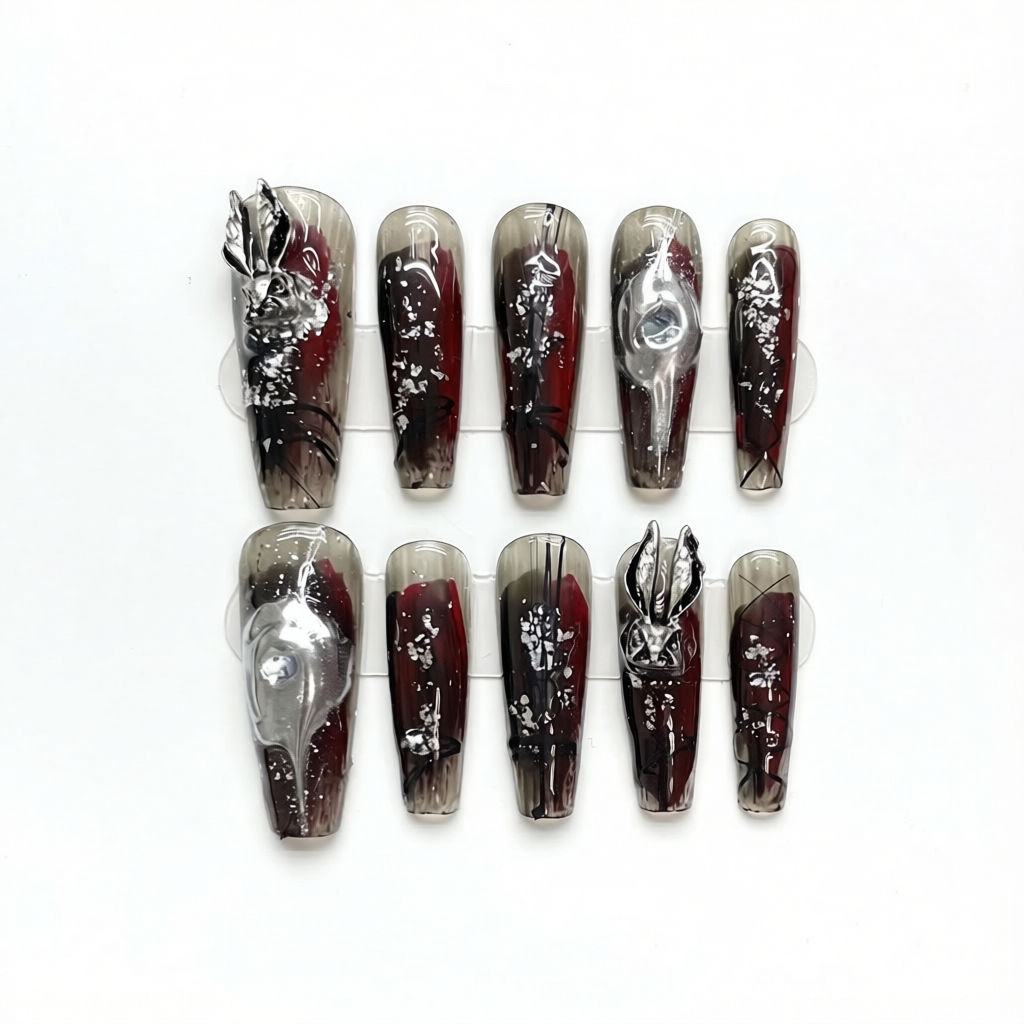 Dark Glam Y2K Metallic Bunny Long Coffin Press-On Nails in blood red and molten silver, used as a sample testing example for wholesale quality evaluation.