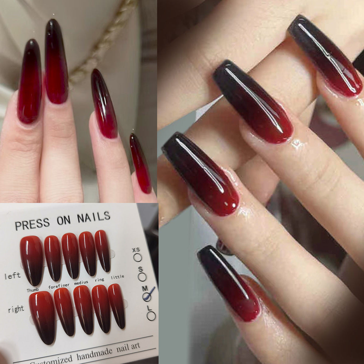 Long coffin black and red ombre press-on nails with glossy finish, representing high-quality press-on nail products for supplier quality audit and bulk buying evaluation.
