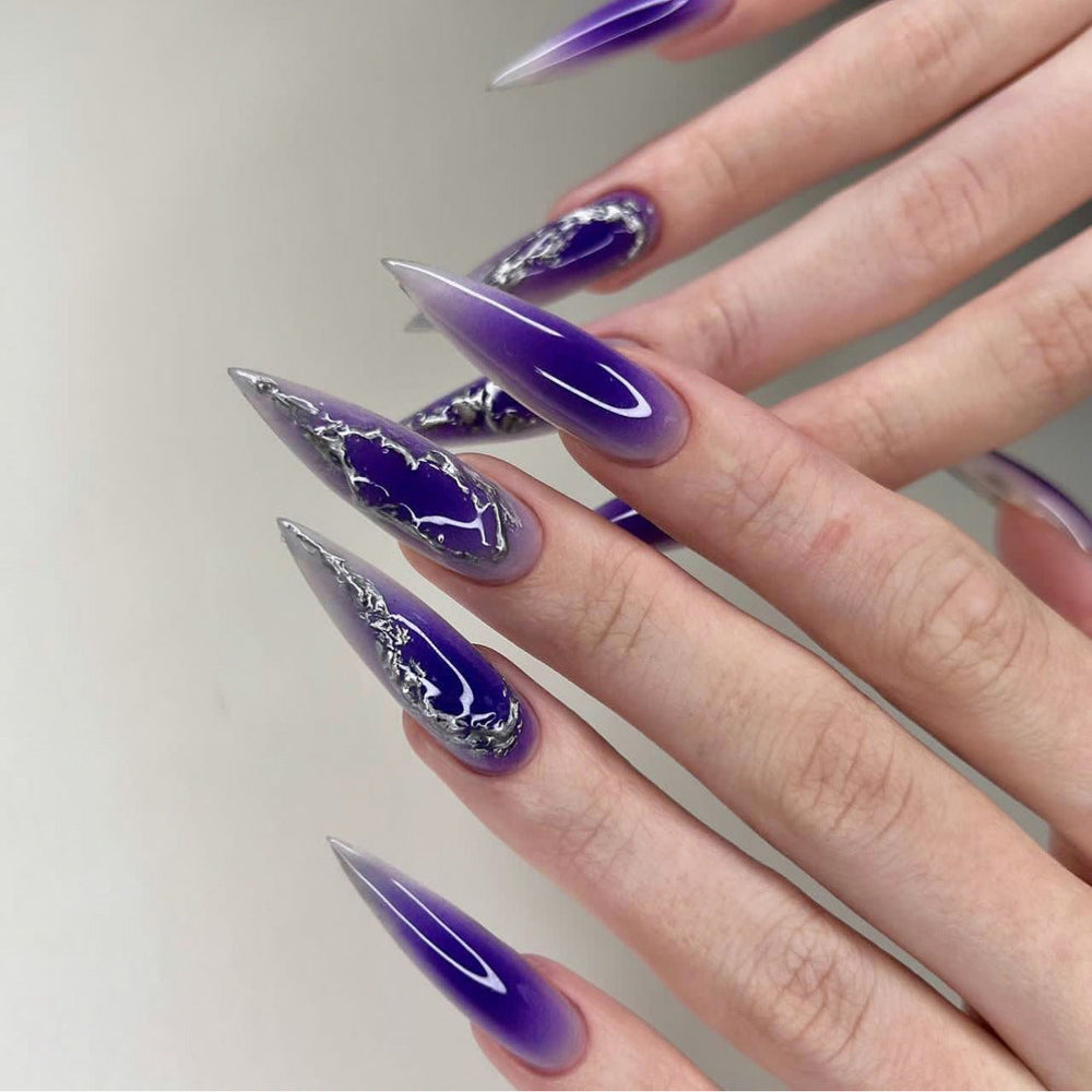 Purple Jelly Ombre Silver Chrome Stiletto Press-On Nails example for dropshipping brand quality testing