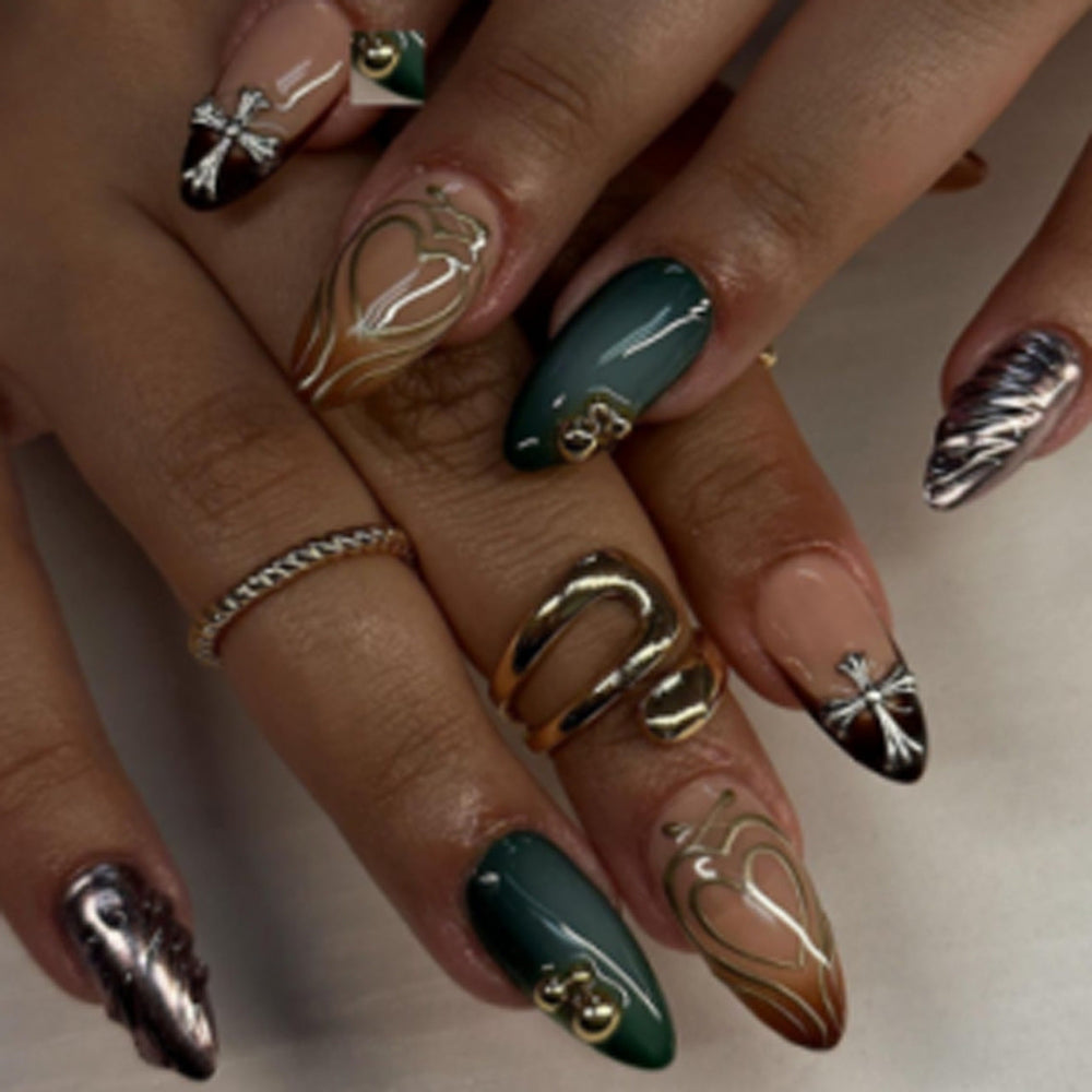 Private label press-on nail design example: Maillard brown and hunter green French tips with 3D chrome cross, perfect for a brand launch