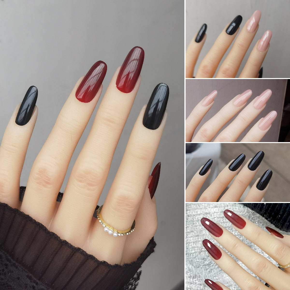Versatile solid color medium almond press-on nails in nude, black, and burgundy shades displayed for wholesale supplier evaluation.