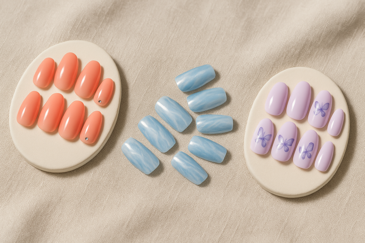 Editorial product shot of three seasonal press-on nail sets laid on a neutral linen: coral gradient almond set, ocean shell square set, and pastel lavender butterfly medium almond set showing variety of shapes and finishes.