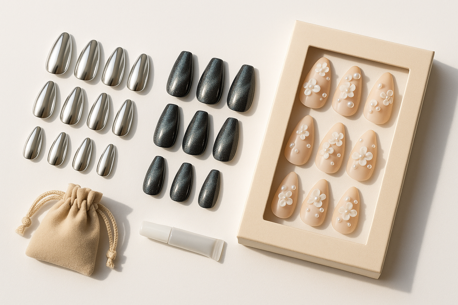 Three sets of press-on nails displayed on clean white background: chrome almond set, magnetic cat eye coffin set, and handmade 3D floral almond set in a luxury window box.