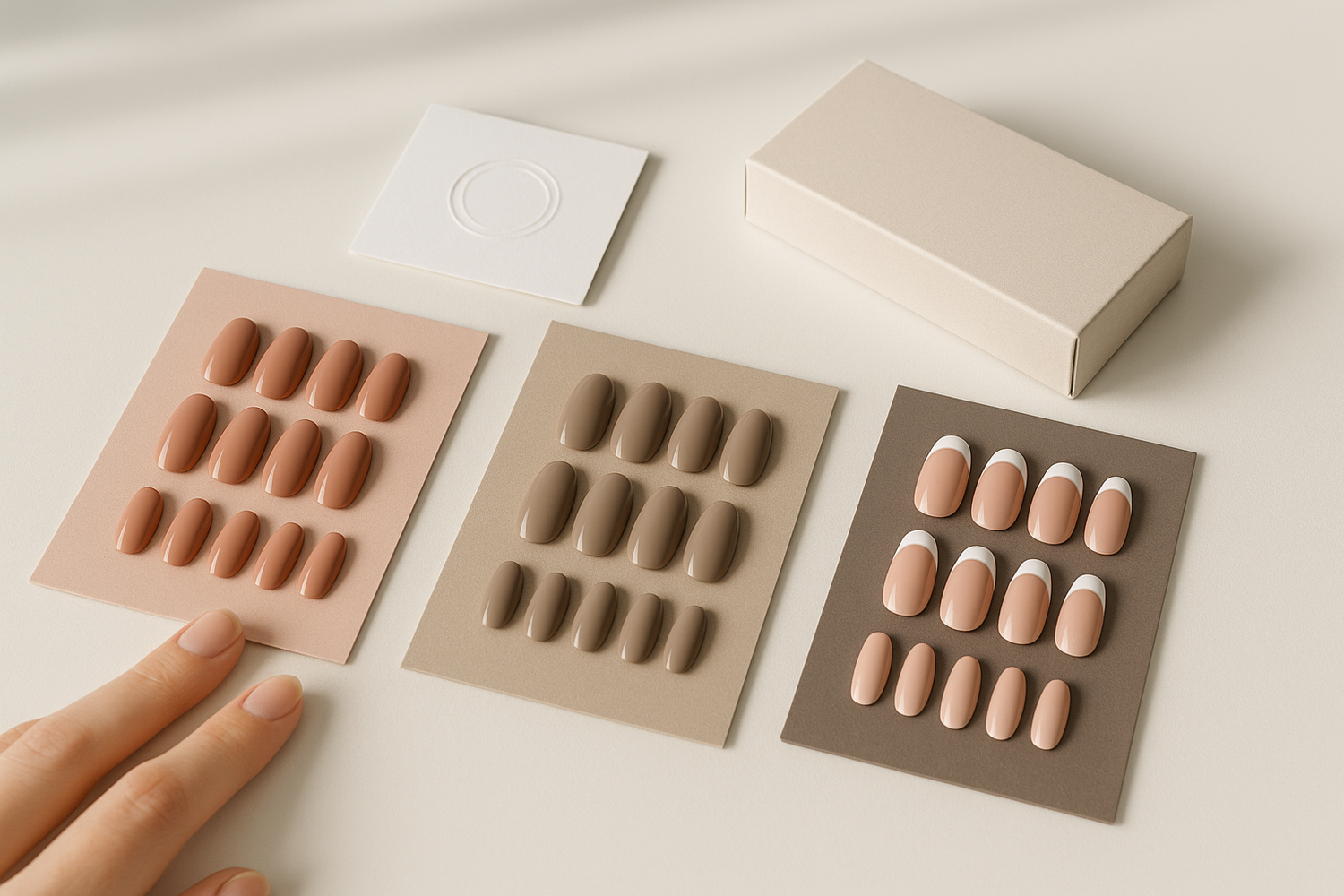 Clean design desk showing custom press-on nail sets, packaging mockups, and a logo card - editorial ecommerce shot.