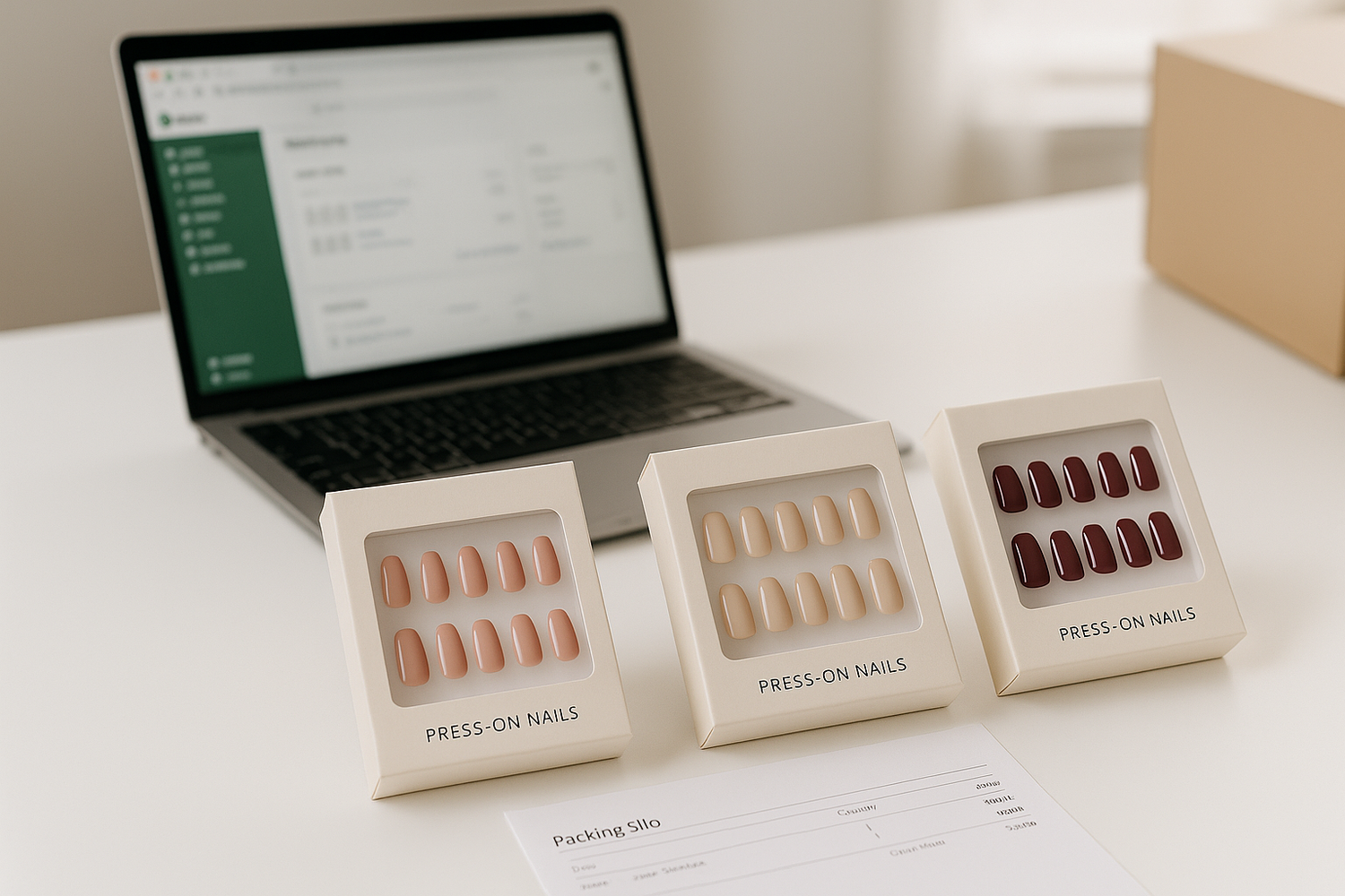 Editorial ecommerce image: multiple press-on nail sets in labeled packaging on a clean desk with packing slip and a laptop, showing sizes and a product card for ecommerce selling.