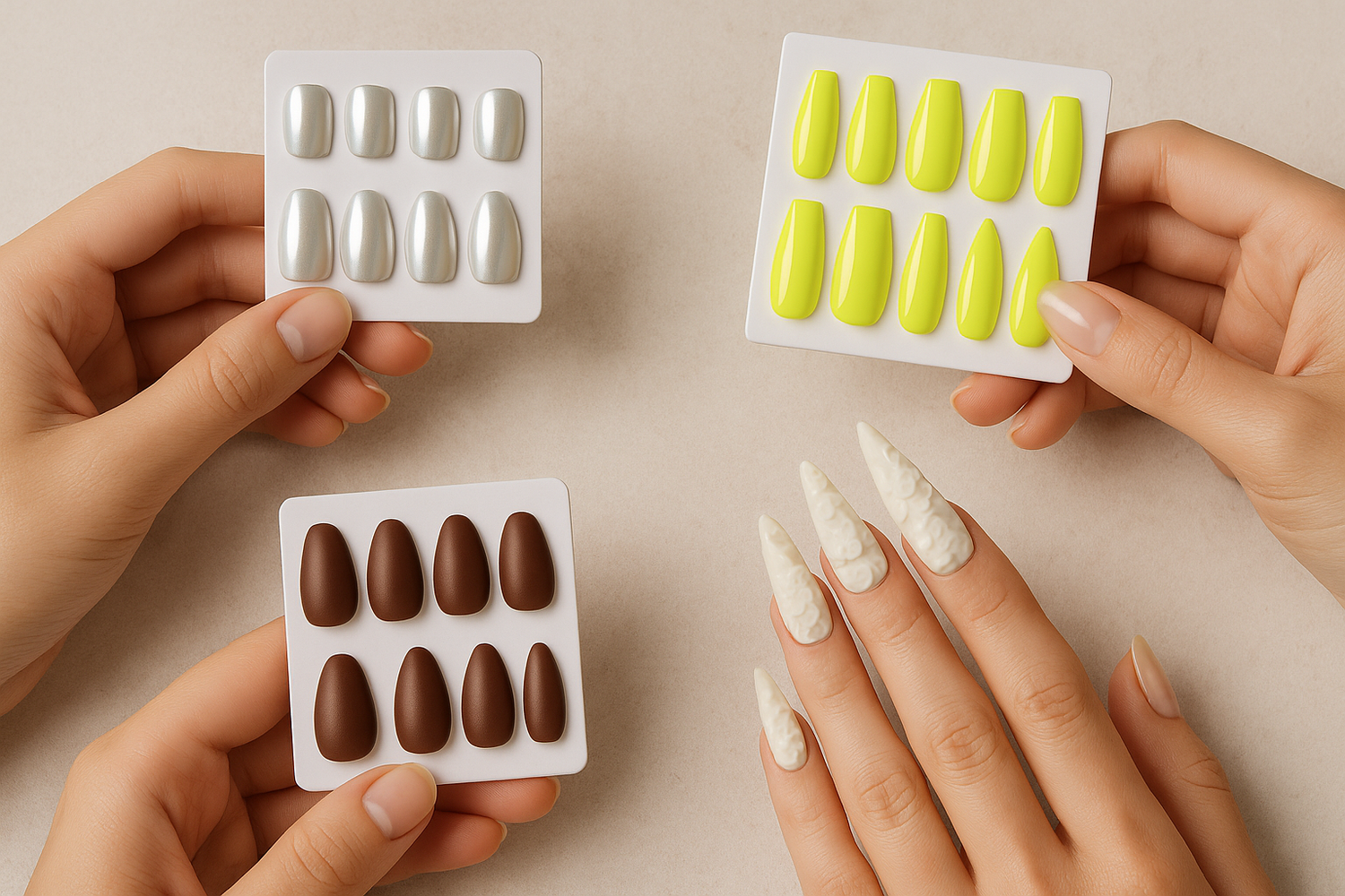 Editorial ecommerce image of several press-on nail sets arranged on a neutral surface showing short square, almond, coffin, chrome, opal, and 3D floral finishes in clean beauty lighting.