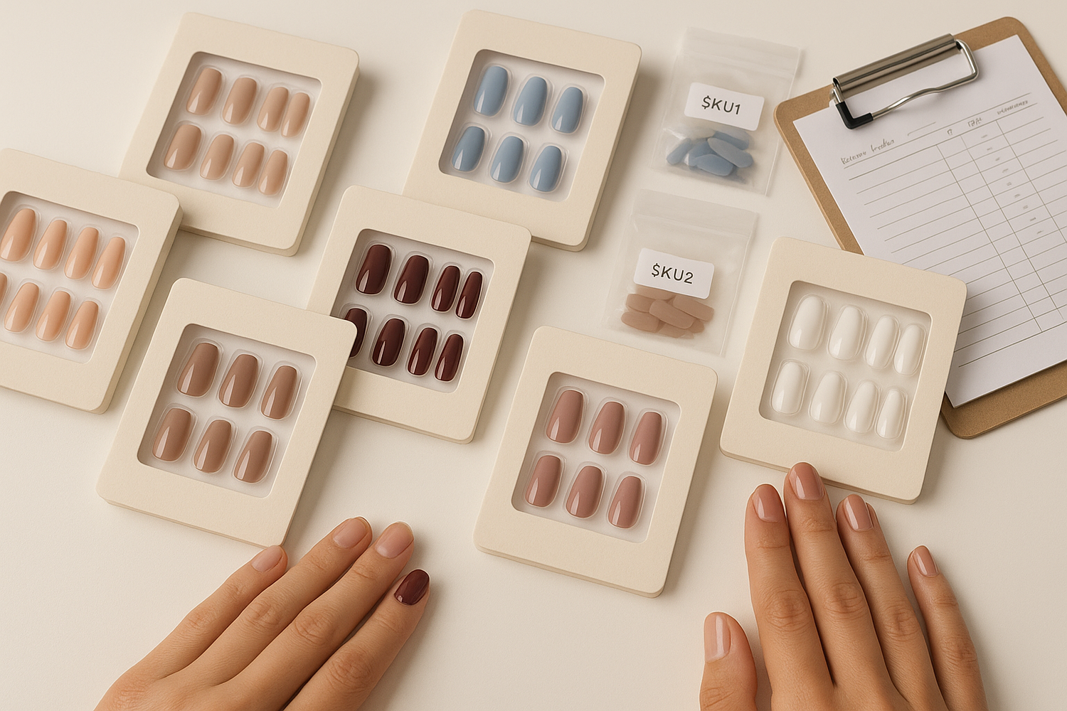 Wholesale assortment of press-on nail sets arranged on clean product cards with inventory notes and sample packs