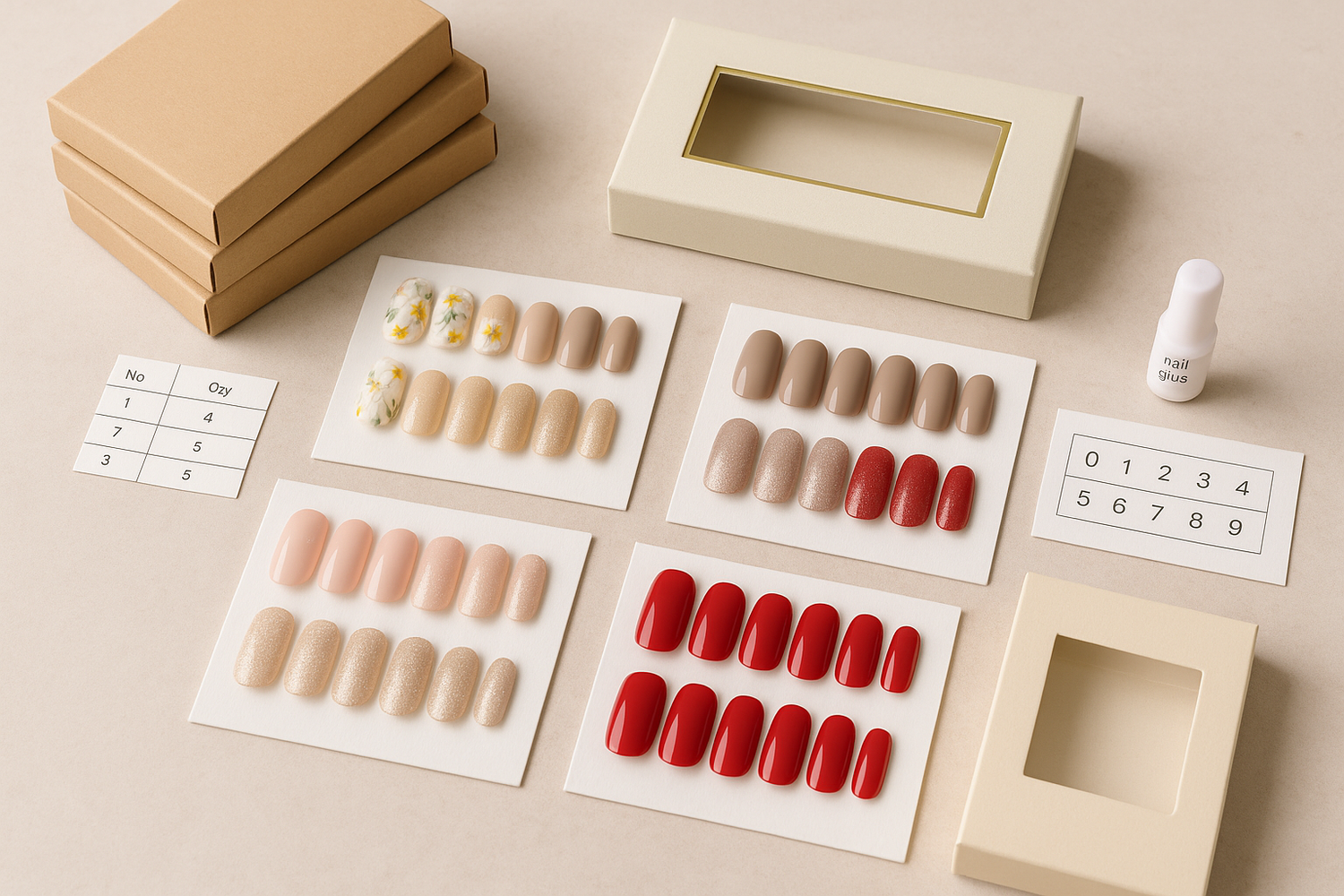 Wholesale assortment of press-on nail sets and sample packaging displayed for salon buyers