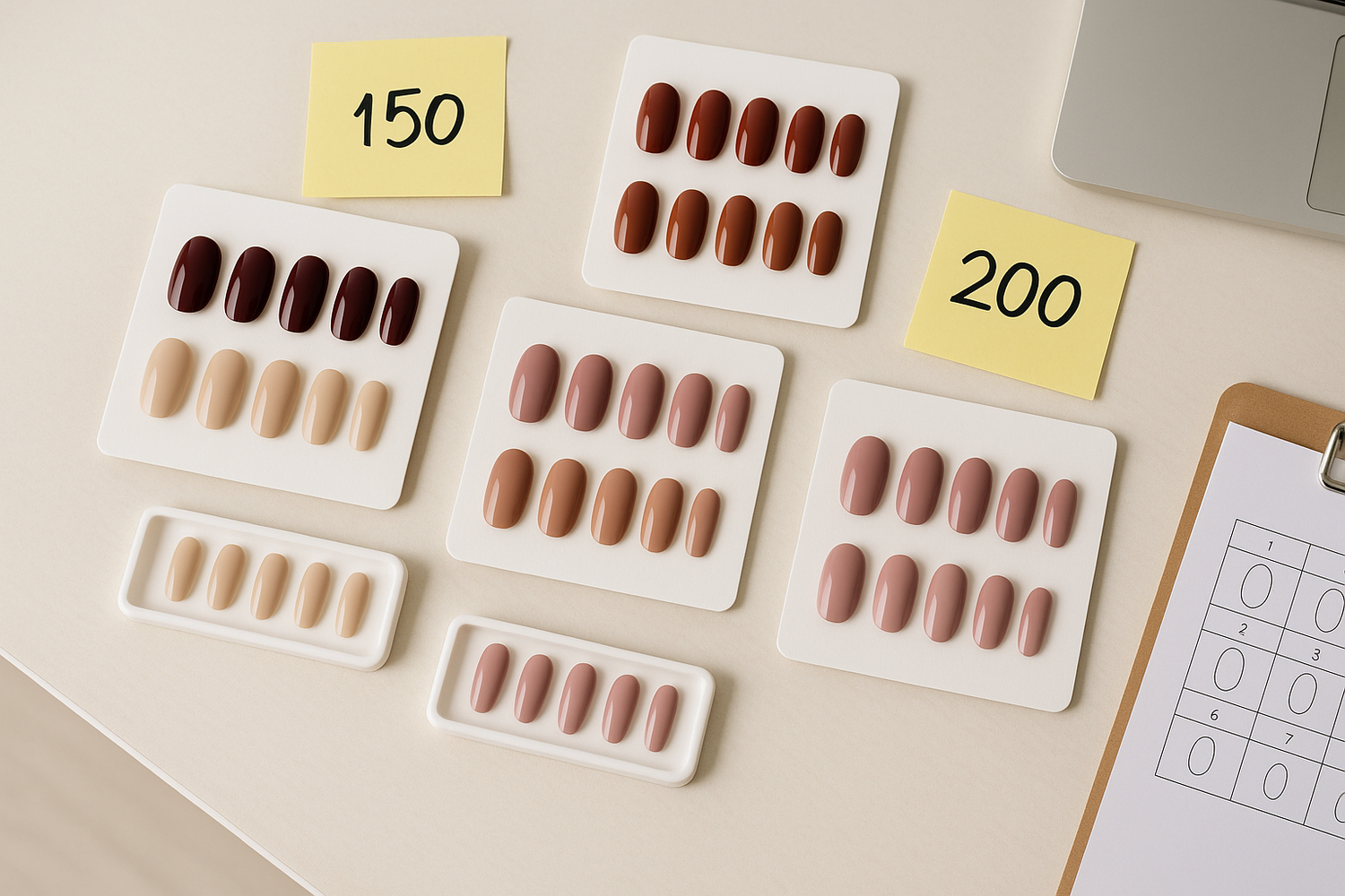 Wholesale assortment of press-on nail sets on product cards with inventory notes and seller paperwork, styled for a salon buyer.