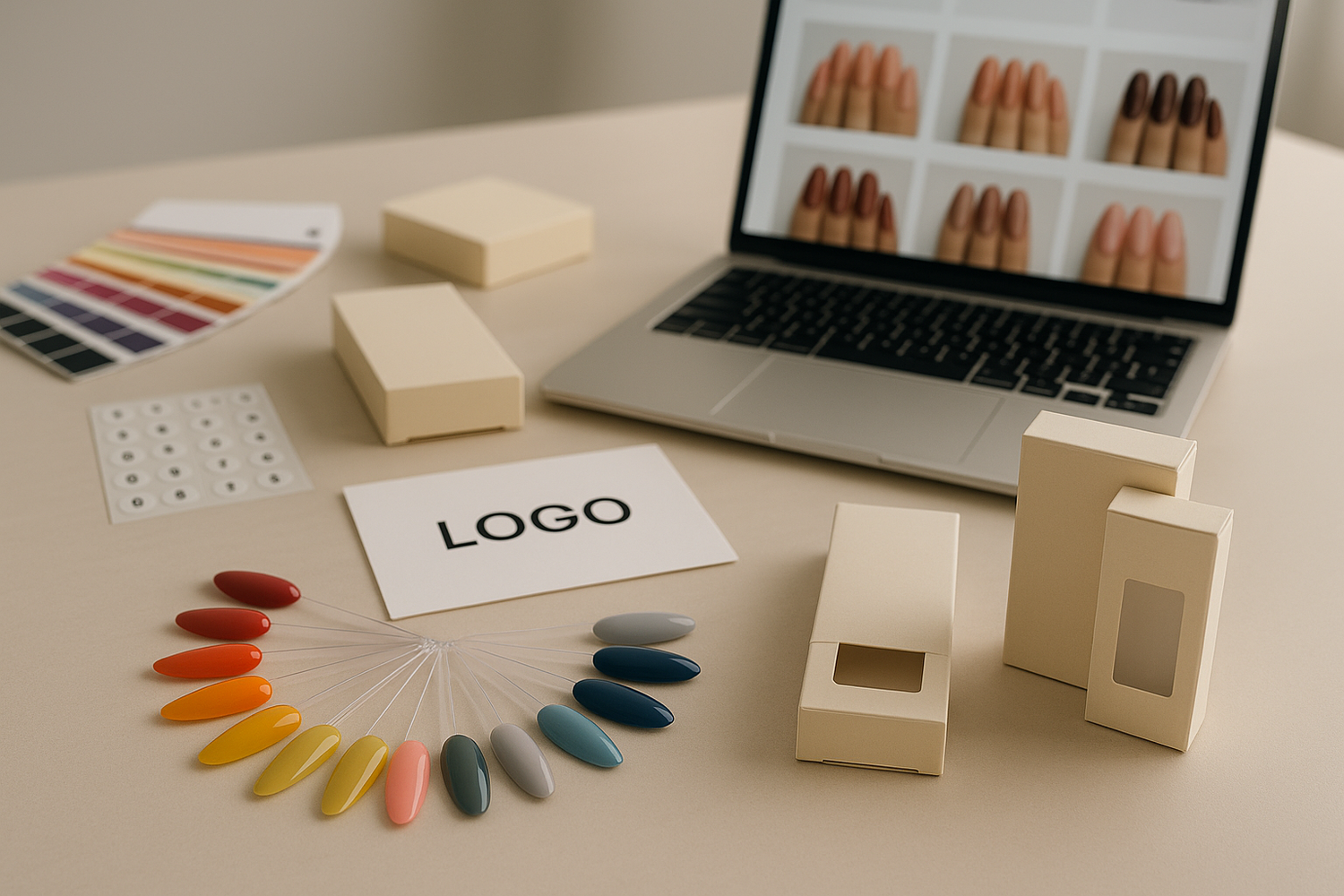 Workspace with custom press-on nail samples, private-label packaging mockups, logo card, and size charts on a clean design desk.
