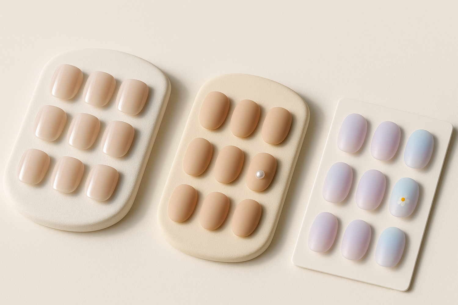 Three style-forward short press-on nail sets on a clean white background showing short square, short almond, and short oval shapes with pastel gradients and tiny accent art.
