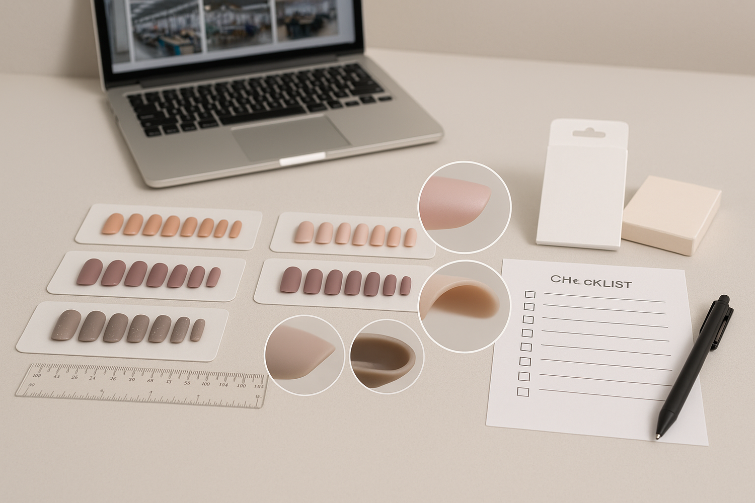 Quality-control inspection of press-on nail samples with ruler, checklist, and packaging mockups on a desk