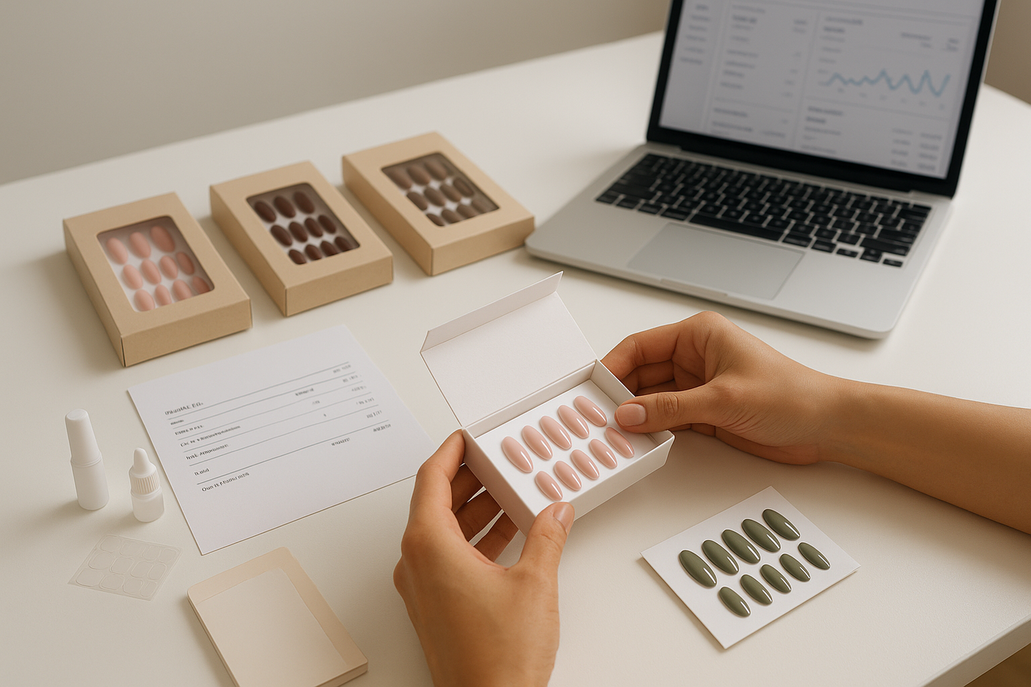 Ecommerce workspace with neatly packaged press-on nail sets, order notes, and shipping labels ready for TikTok Shop fulfillment.