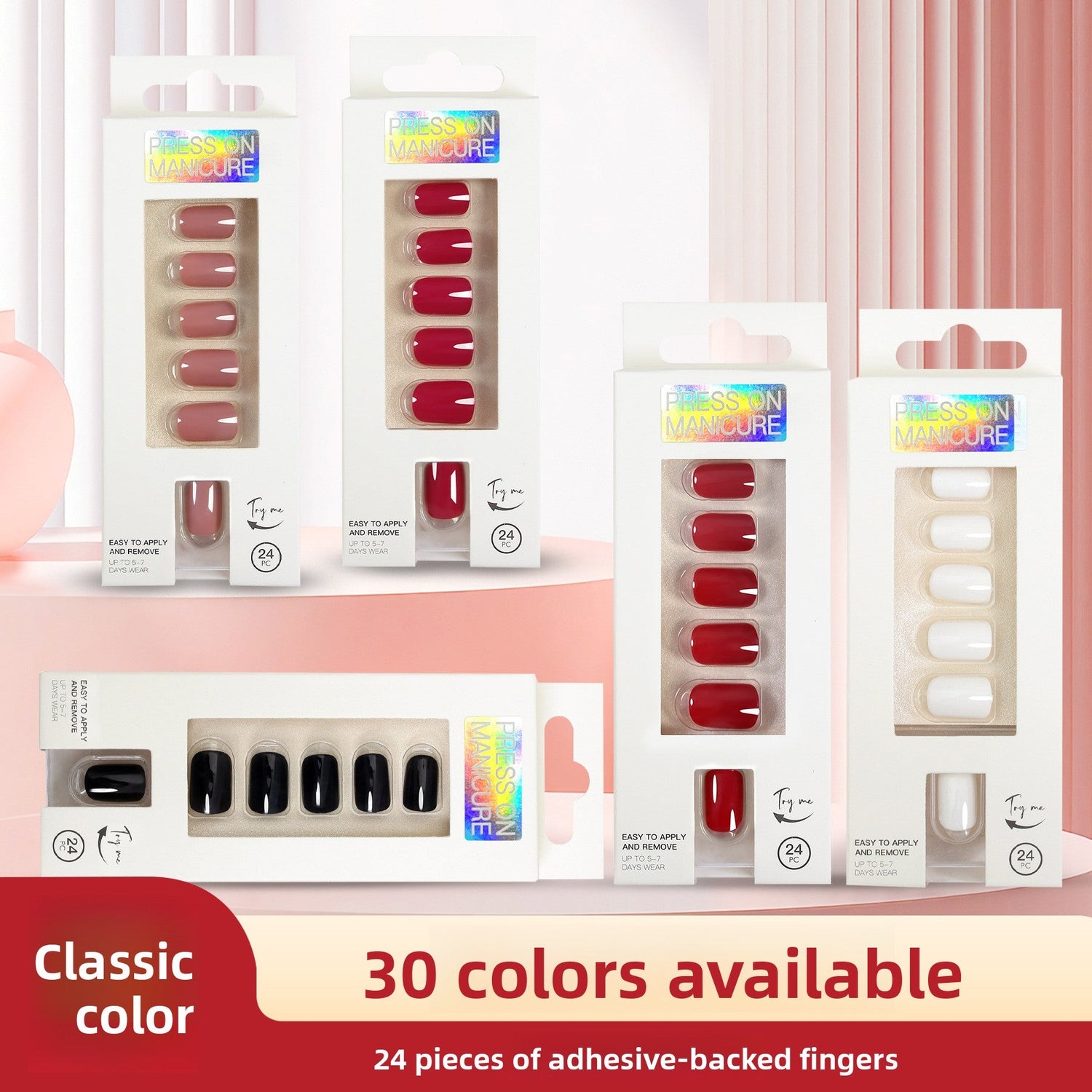 Assortment of classic solid color short press-on nails in nude, red, white, and black, displayed on a white background, ideal for a private label starter collection and retail display.