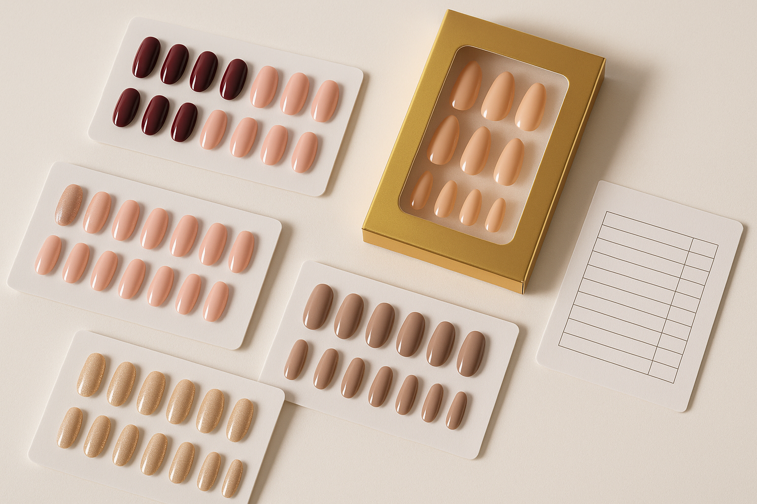 Wholesale assortment of press-on nail sets displayed in product cards with packaging samples and inventory notes for a salon buyer.