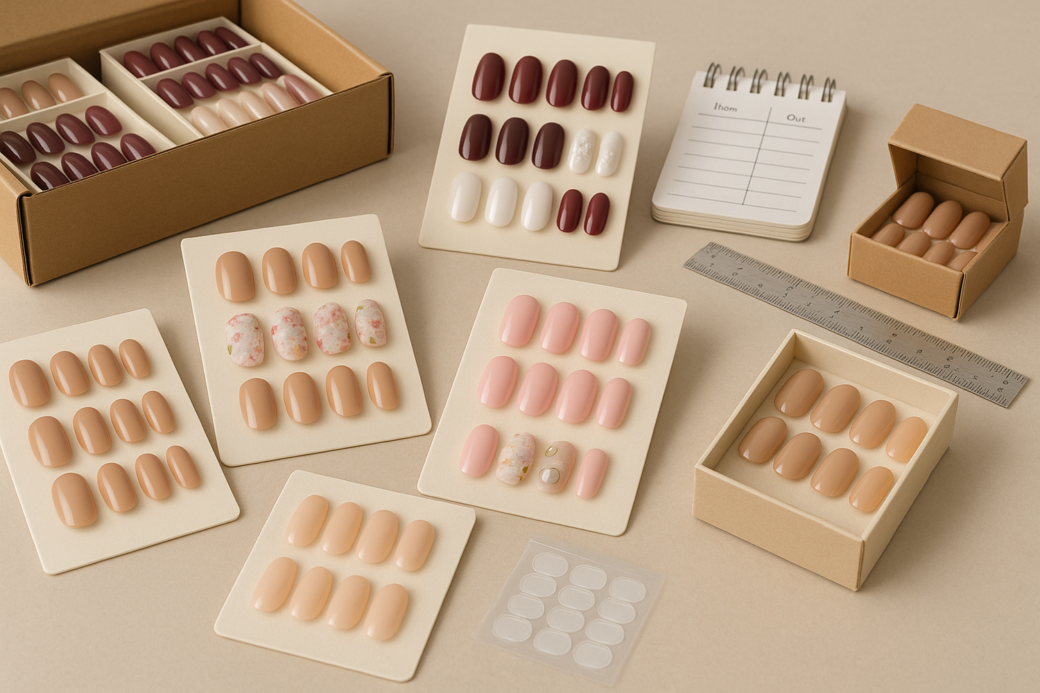 Wholesale assortment of press-on nail sets arranged with sample cards and packaging options for salon and retailer buyers