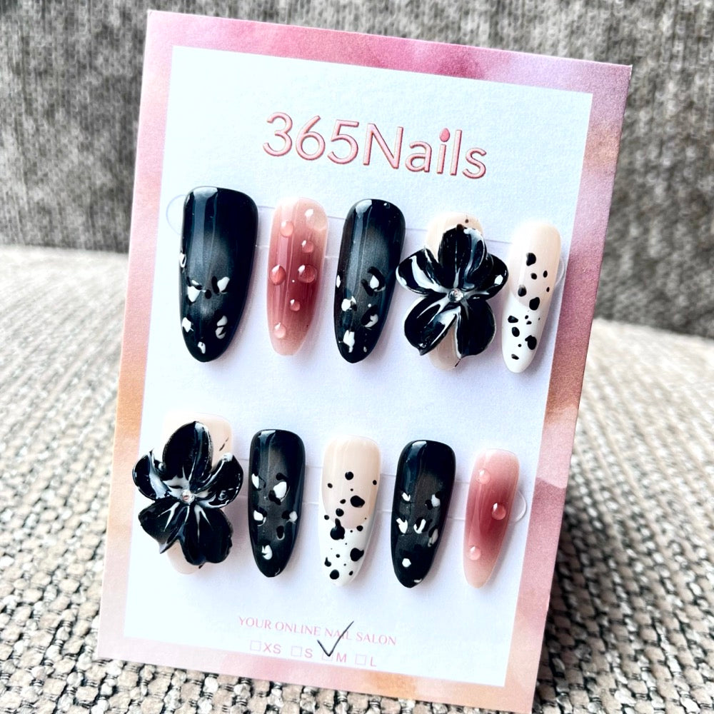 365nails: "Midnight Dahlia" – 3D Floral Handmade Coffin Nails