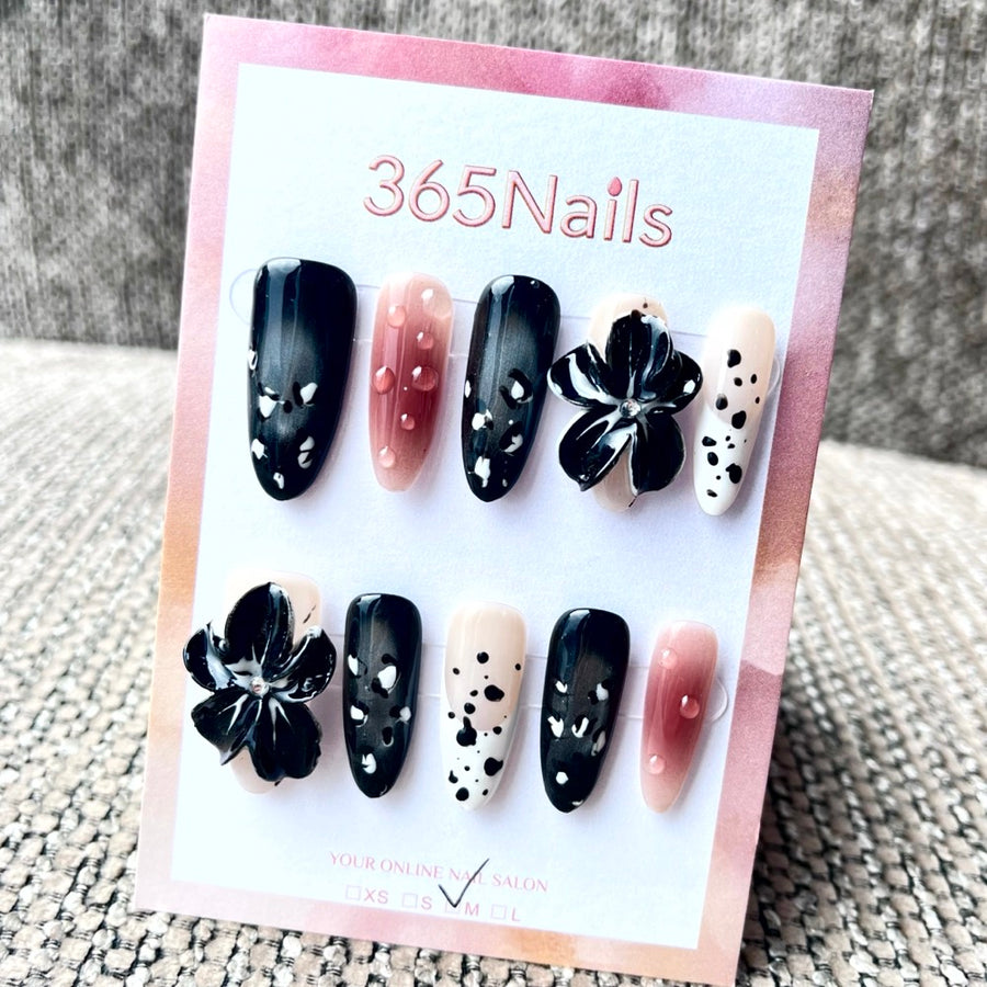 365nails: 한밤의 달리아 – 3D 플로럴 수제 코핀형 프레스온 네일