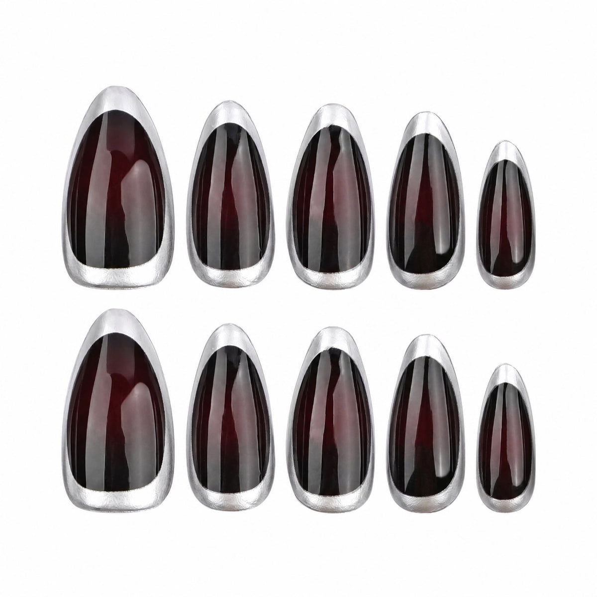 Ten almond press-on nails in five different sizes with silver metallic rims