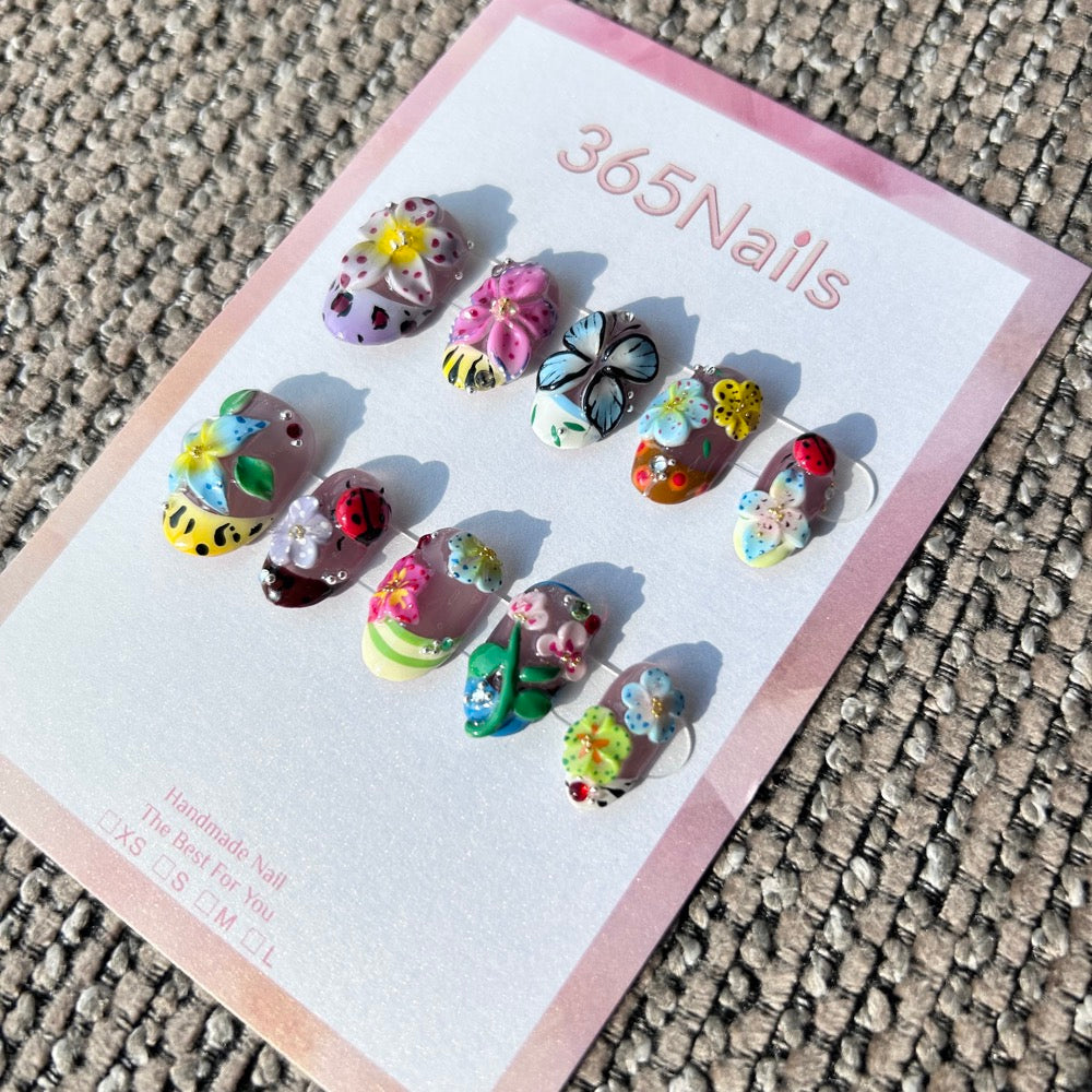 Handmade Whimsical Garden 3D Press-on Nails | Butterfly & Ladybug | Short Almond | 10pcs Set