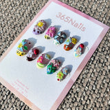 Handmade Whimsical Garden 3D Press-on Nails | Butterfly & Ladybug | Short Almond | 10pcs Set