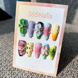 Handmade Tropical Y2K 3D Flower Press-on Nails | Mixed Color Stiletto | Retro Floral & Dewdrops