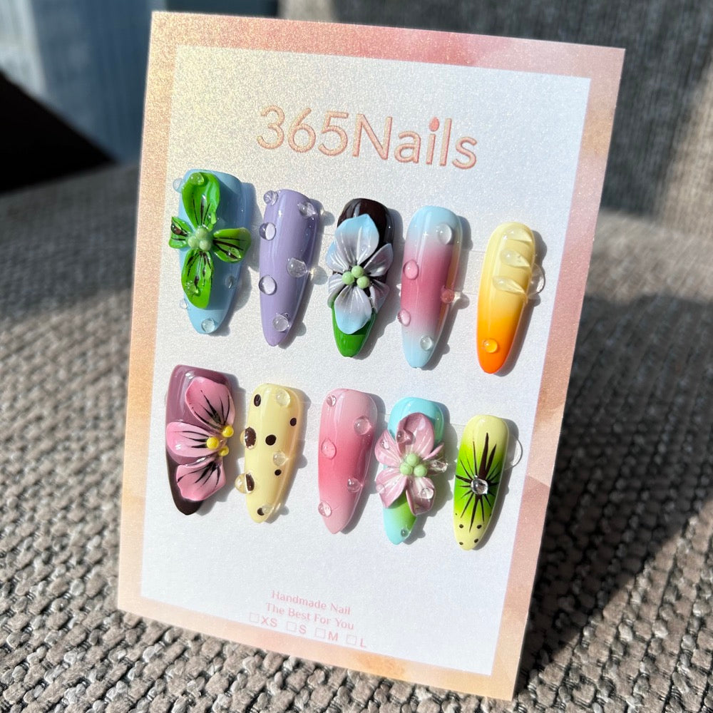 Handmade Tropical Y2K 3D Flower Press-on Nails | Mixed Color Stiletto | Retro Floral & Dewdrops