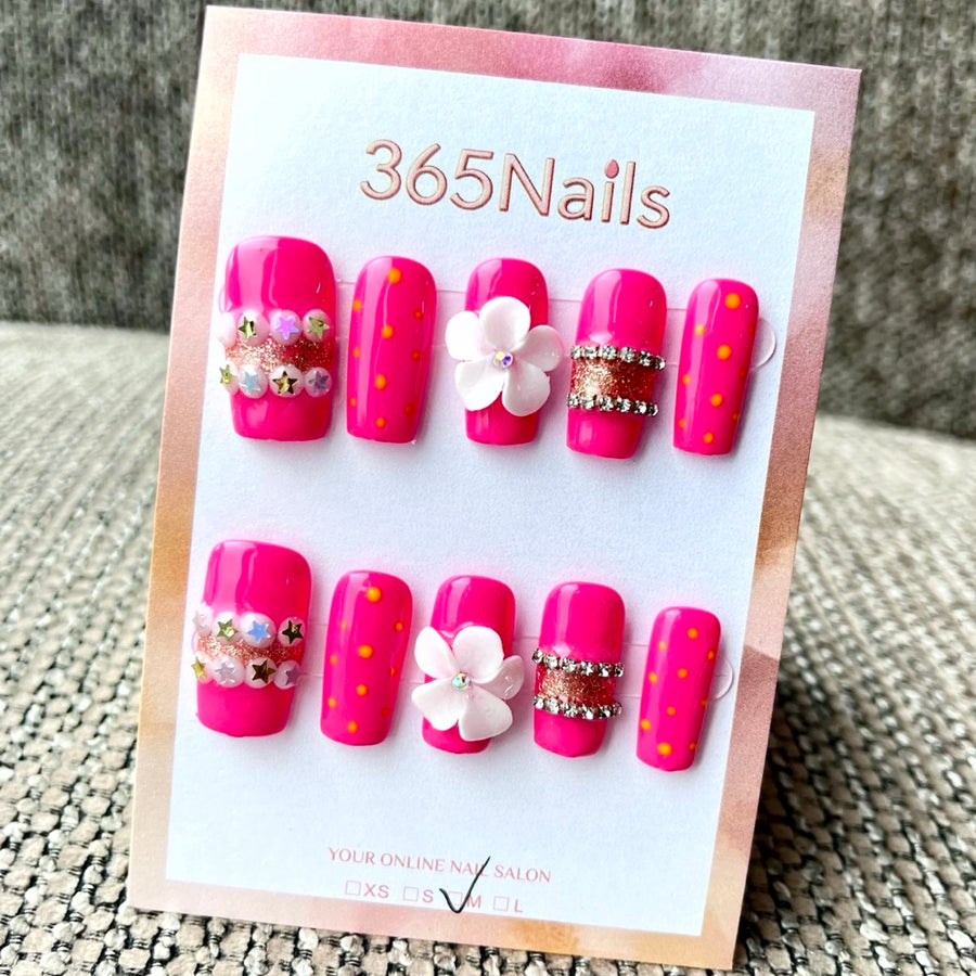 365nails: "Neon Bloom" – 3D Floral Handmade Square Nails