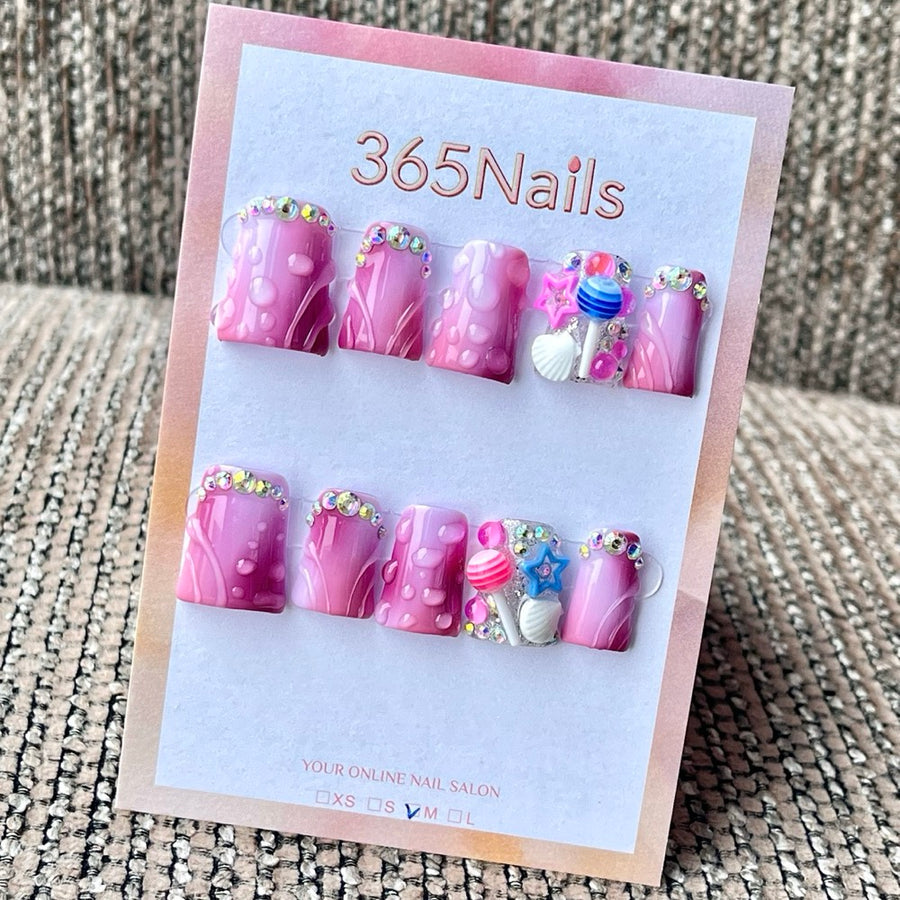 365nails: "Purple Gradient 3D Bubble Lollipop Seashell Rhinestone" – Candy Kawaii Handmade Medium
