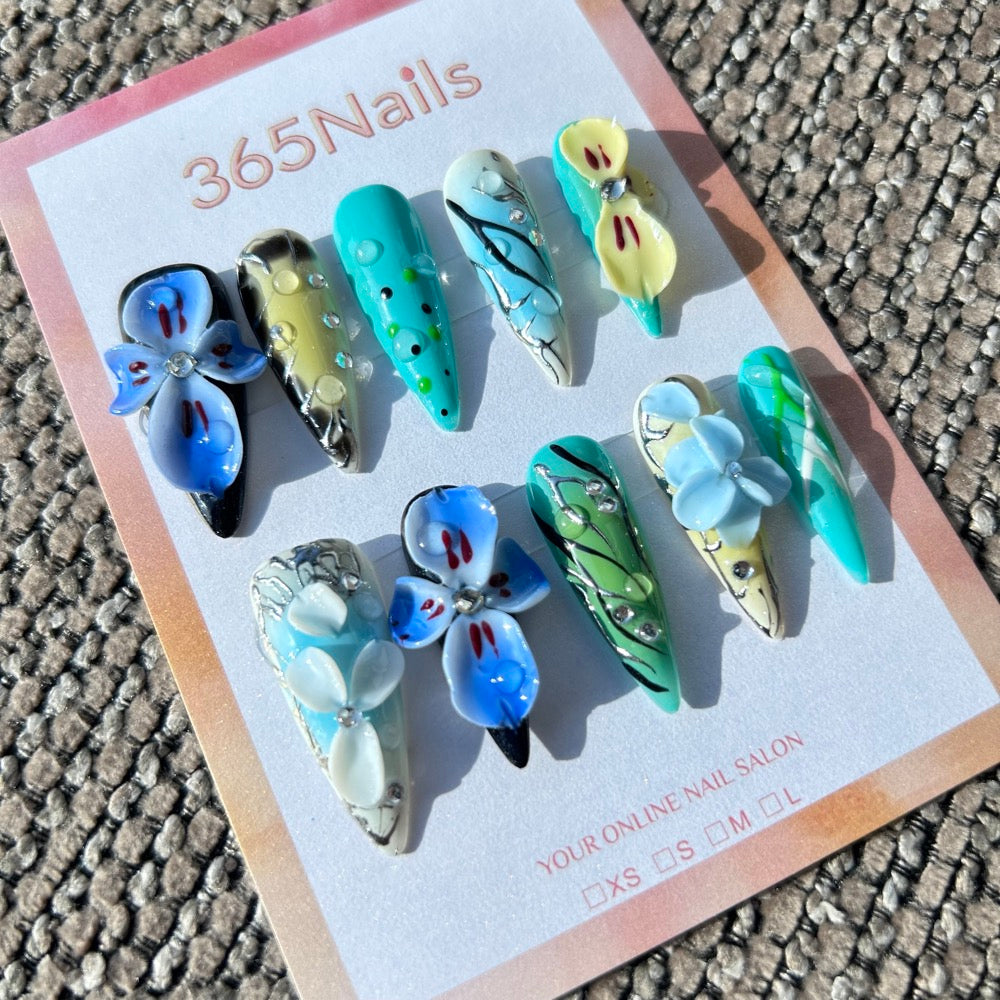 Sculpted Flora: "Cyber Iris Rain" – 3D Blue Iris & Cyan Ink Smudge with Dewdrops Stiletto Nails