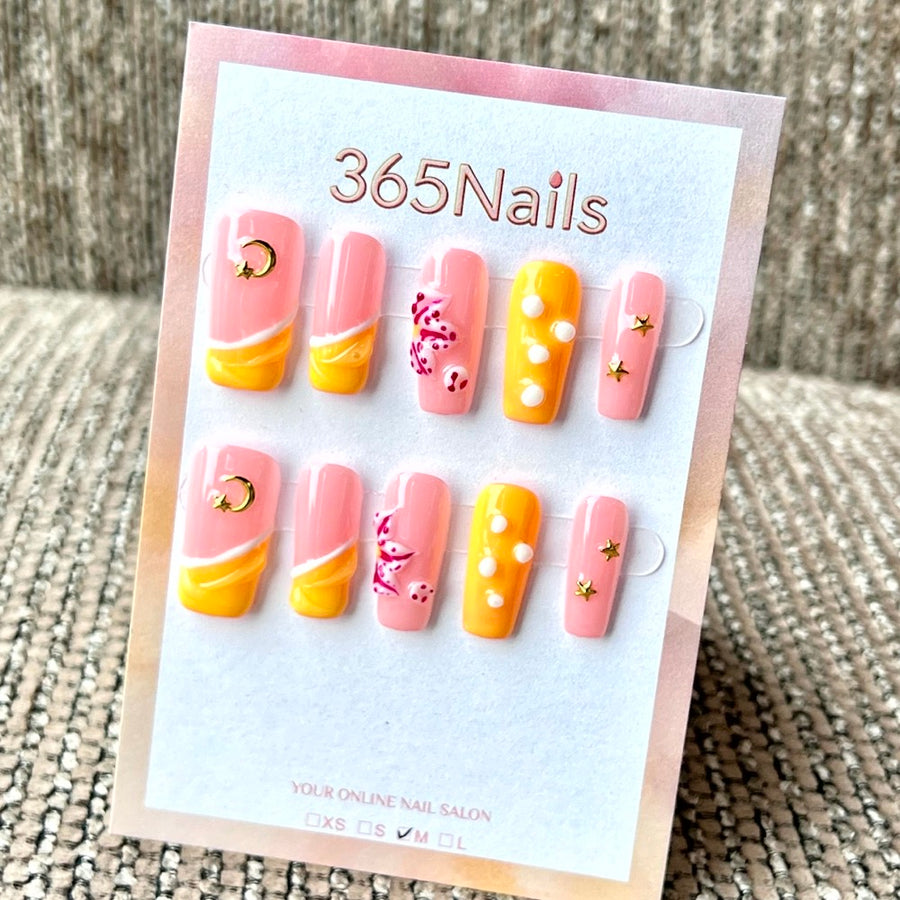 "Pink Yellow Moon Star Butterfly" - Wholesale Ultra-Soft Flexible Fit Handmade Nails (MOQ=100)