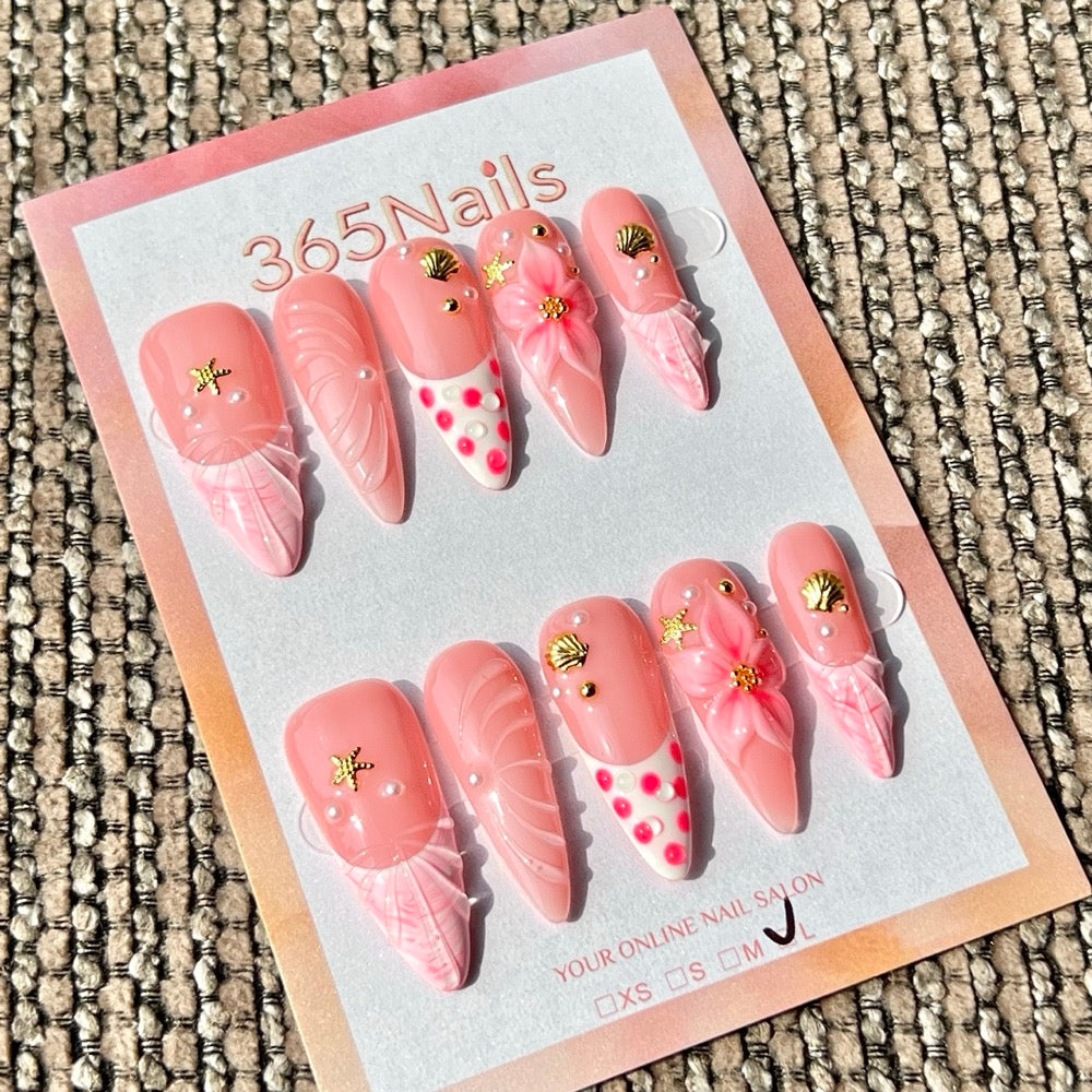 365nails: "Pink Shell Flower Starfish 3D" – Handmade Medium Stiletto Press-On Nails