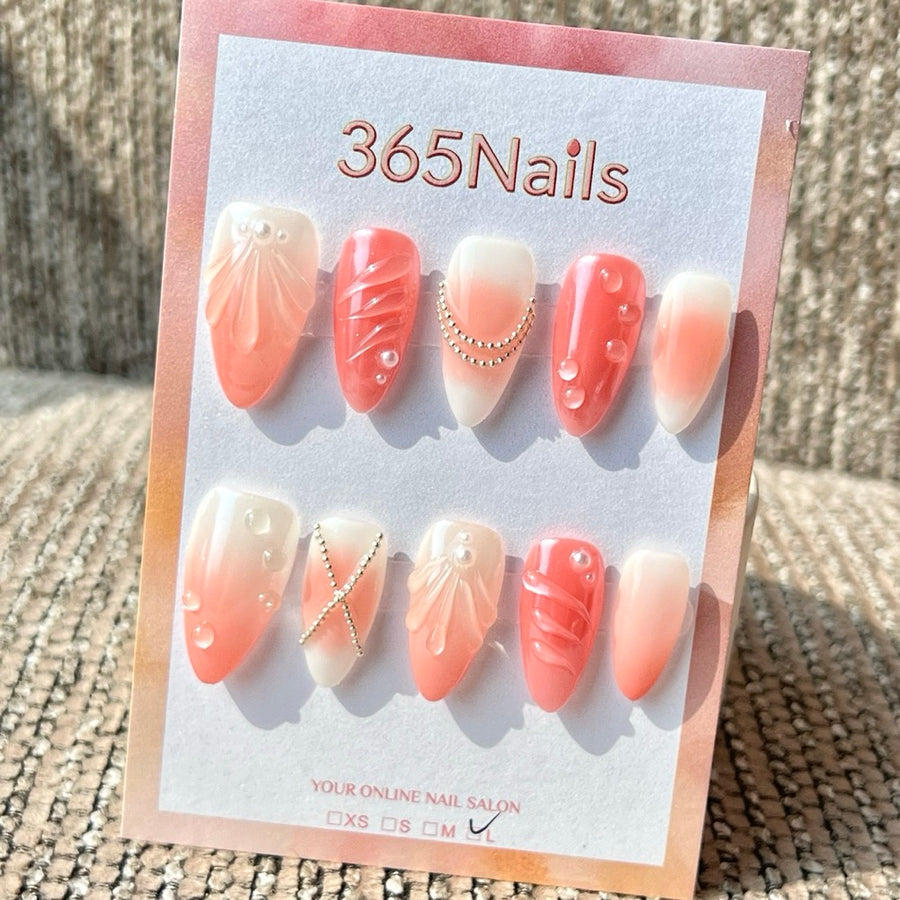365nails: 블러쉬 핑크 그라데이션 이슬방울 체인 수제 미디엄 스틸레토형 프레스온 네일