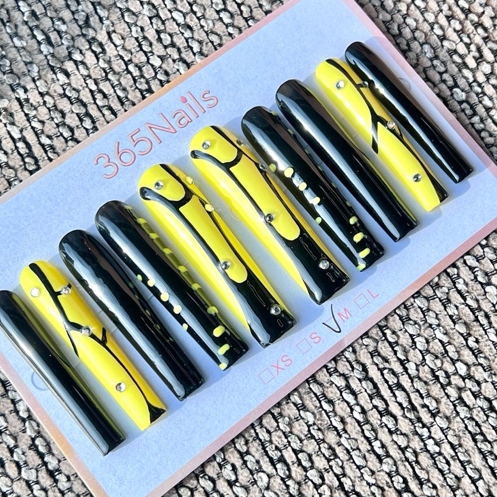 365nails: "Yellow Black Spider Web Long" – Handmade Long Trapezoid Press-On Nails