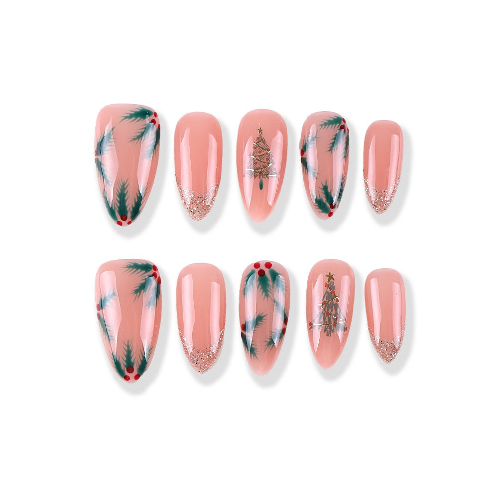 Nude pink pine branch snowberry French medium almond glitter Christmas tree press on nail