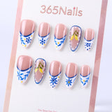 Mediterranean blue and white porcelain, hand-painted flowers and lemons, medium almond French style press on nail