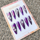 Femme Fatale: "Nebula Glitch" – Deep Purple Marble with Silver Crackle & White Stars Long Stiletto Nails