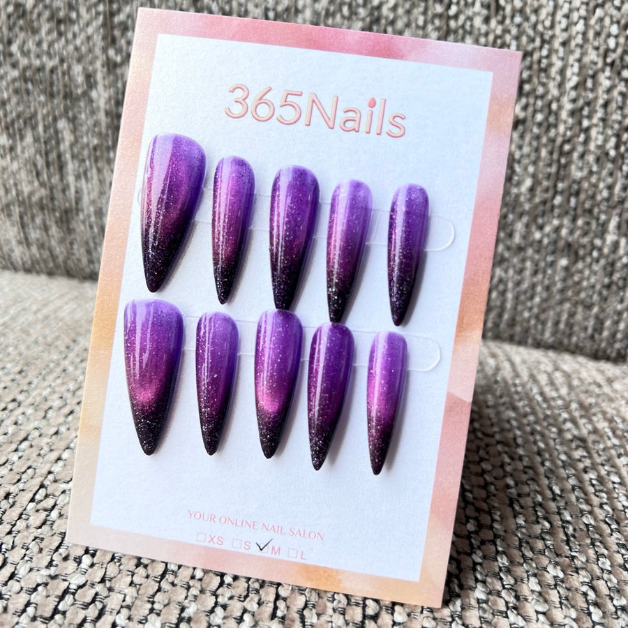 365Nails: "Dark Purple Charm Cat-eye" – handmade press-on nails (Gothic Psychedelic/Cool Trend Style)