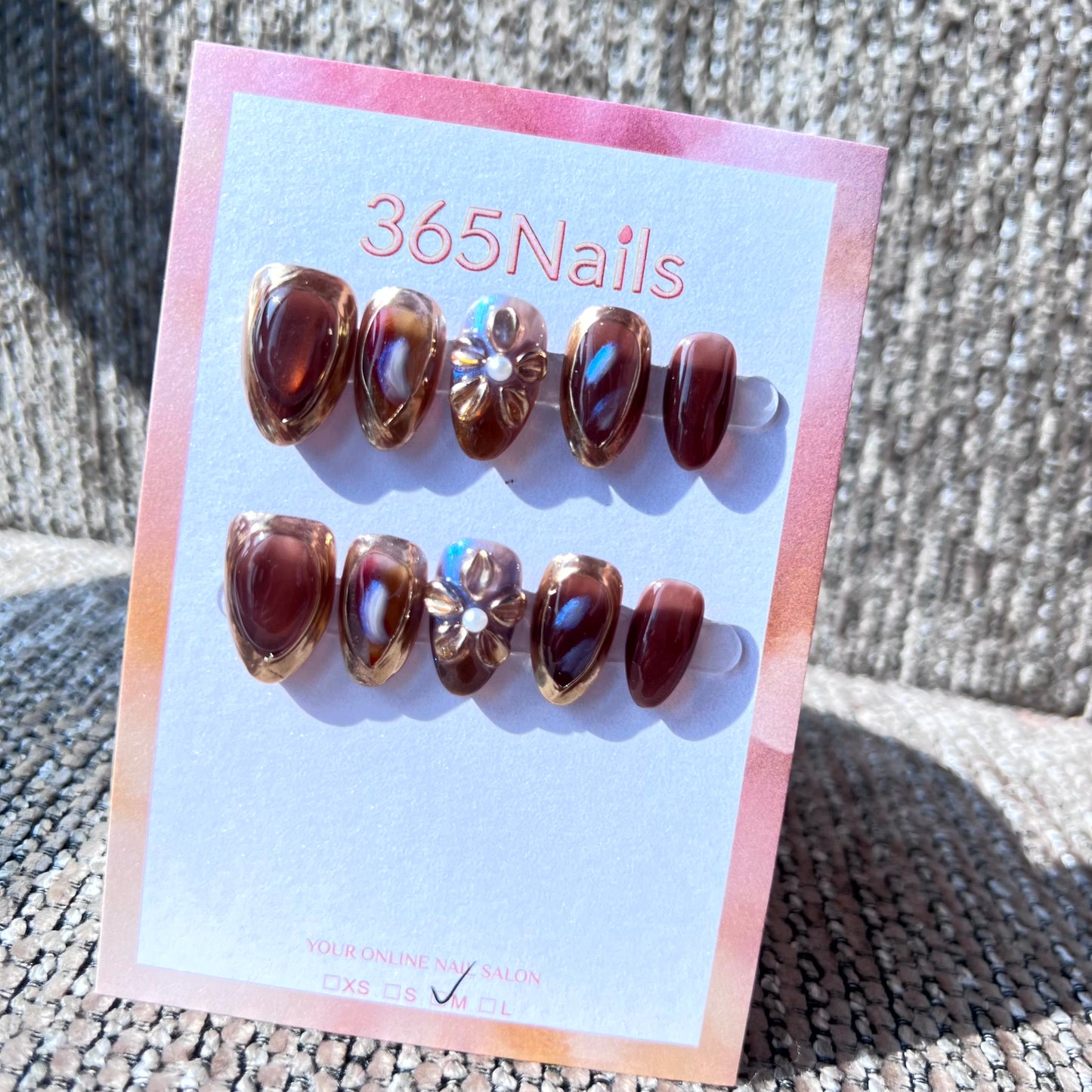 365nails: "Crimson Gold Frame" – Burgundy Cat-Eye & 3D Gold Floral Handmade Almond Nails