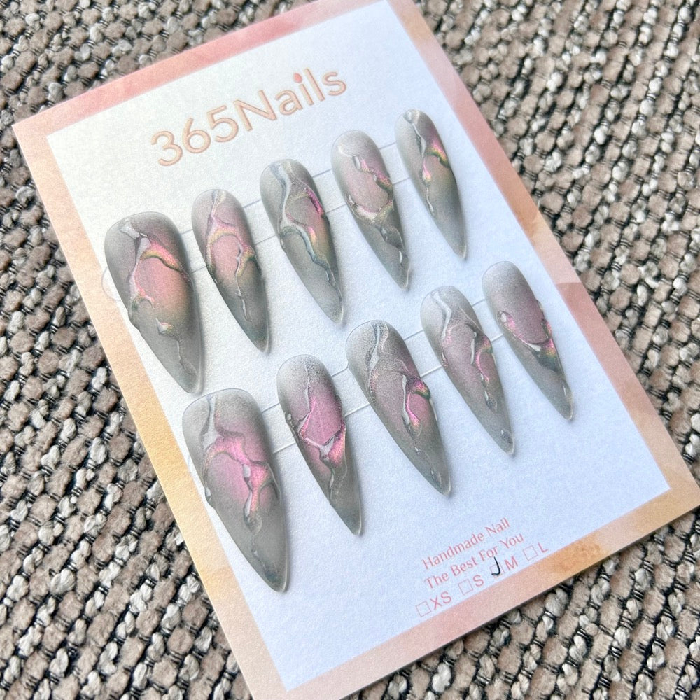 Femme Fatale: "Mystic Nebula" – Matte Smokey Grey with Pink-Gold Aurora Chrome Center & 3D Clear Liquid Swirls Long Stiletto Nails