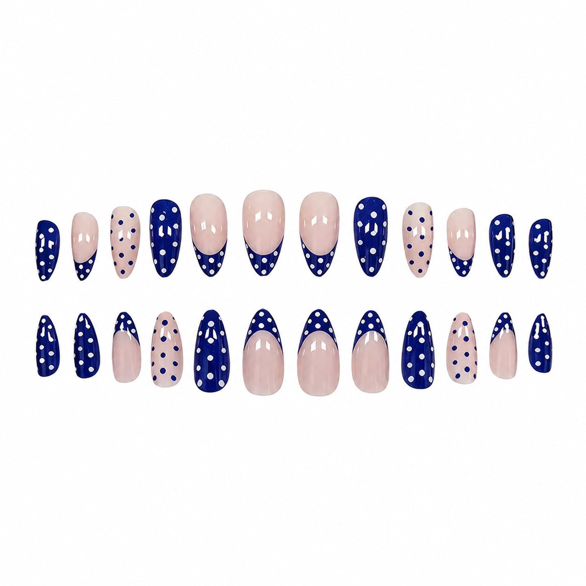Twenty-four press-on nails arranged in two rows with blue and nude polka dot patterns