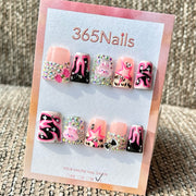 365nails: "Pink Black Bunny Star Flame Short" – Handmade Short Trapezoid Press-On Nails