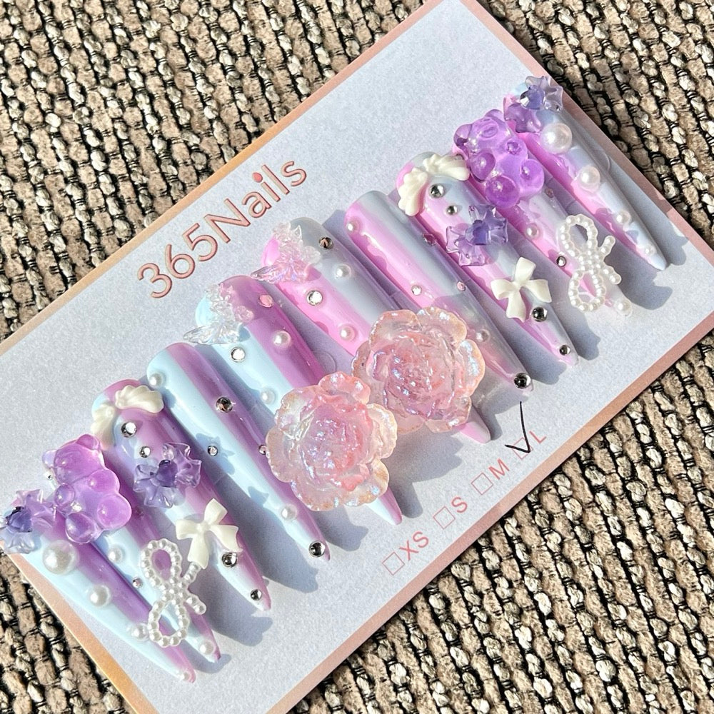 365nails: "Purple Blue Bow Flower Long" – Handmade Long Stiletto Press-On Nails