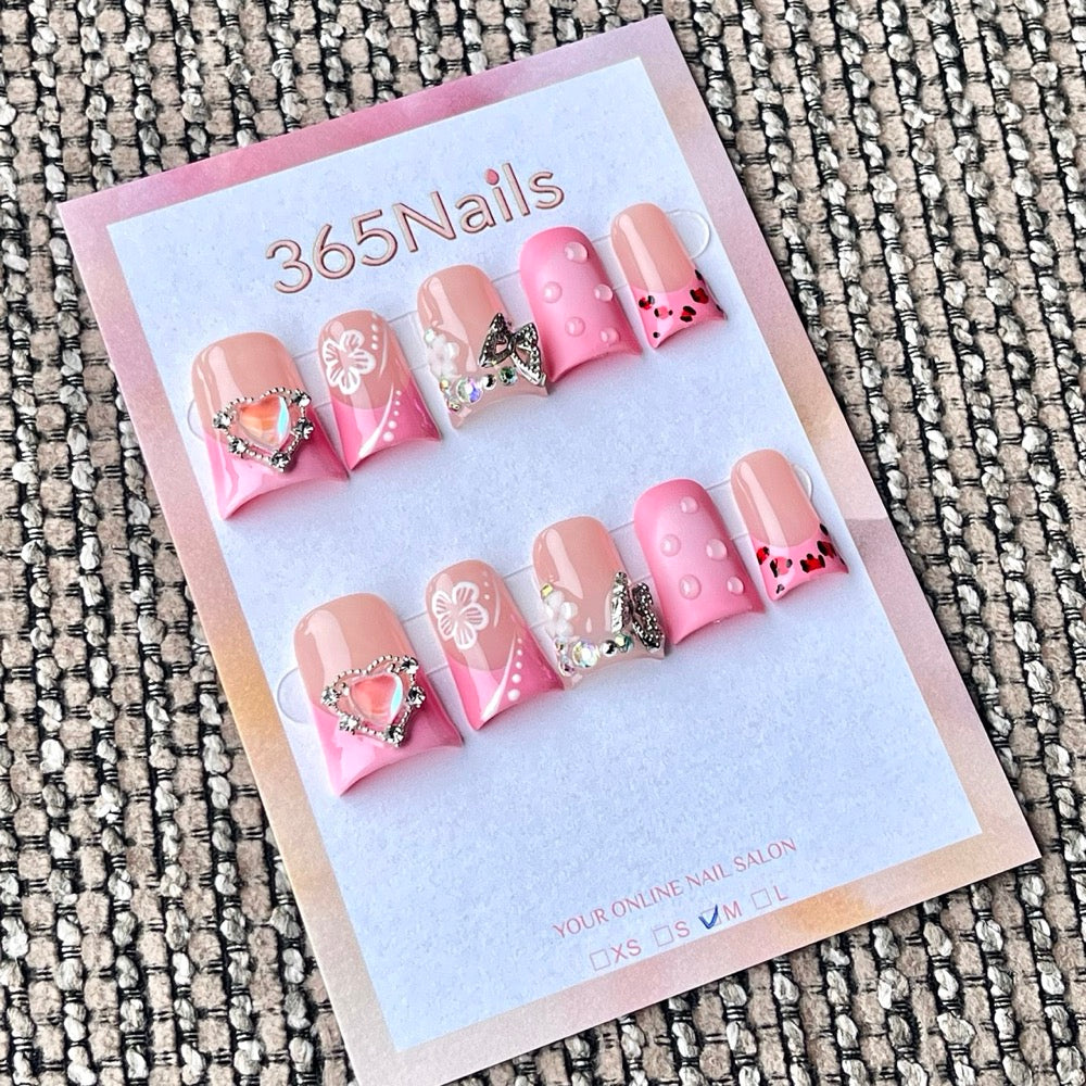 365nails: "Dégradé Rose, Papillon, Cœur, Strass, Léopard, Pois" – Sweet Multi-Décor Fait Main Ongles Mi-Longs Forme Carrée